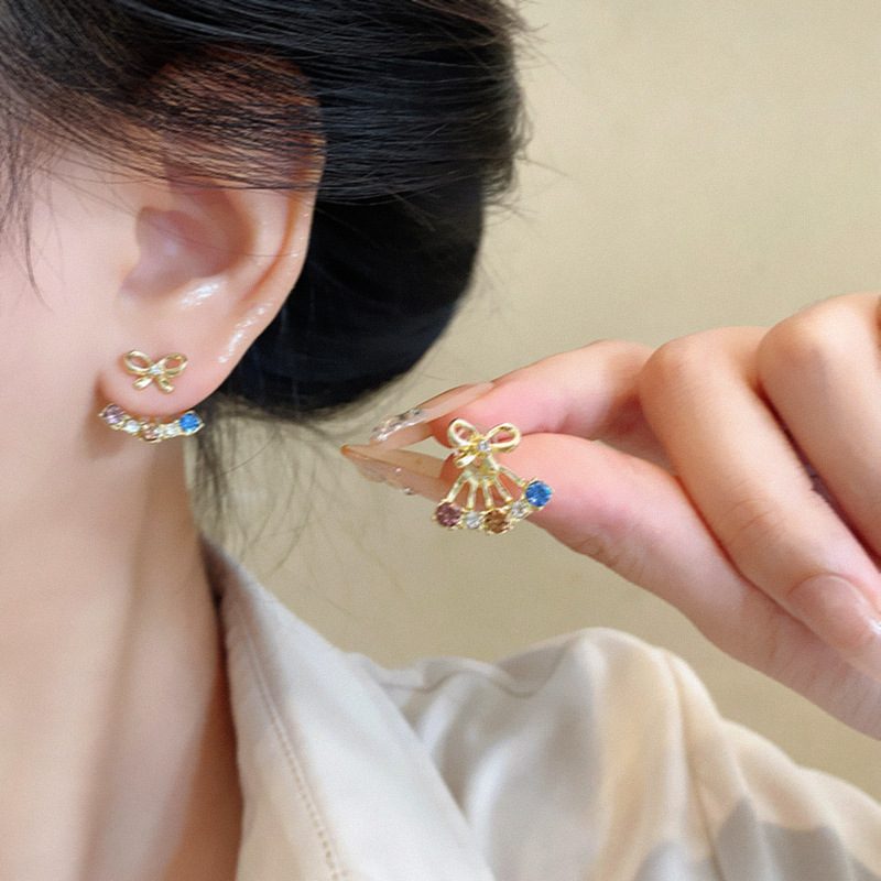 Light luxury, niche and high-end style back-hanging bow earrings for women, super dazzling and exquisite micro-inlaid colored zircon stud earrings details Picture
