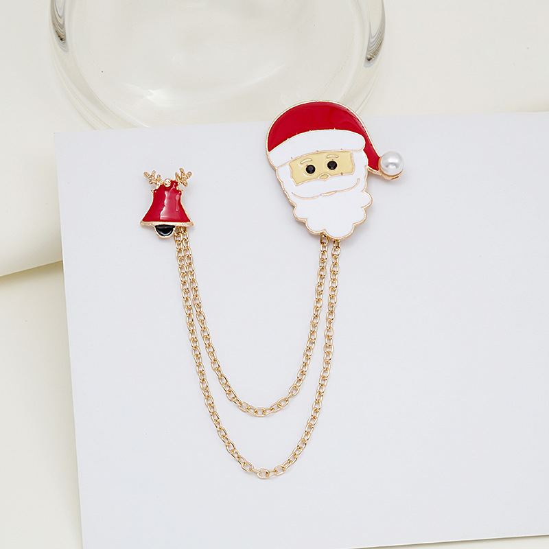 New Christmas brooch cartoon series Santa Claus bell oil drop brooch with two chain tassel collar pins Specification drawing