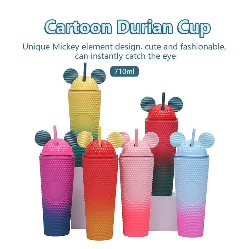 New cross-border Amazon double-layer plastic straw cup, gradient color creative water cup, portable cat ear cap durian cup details Picture