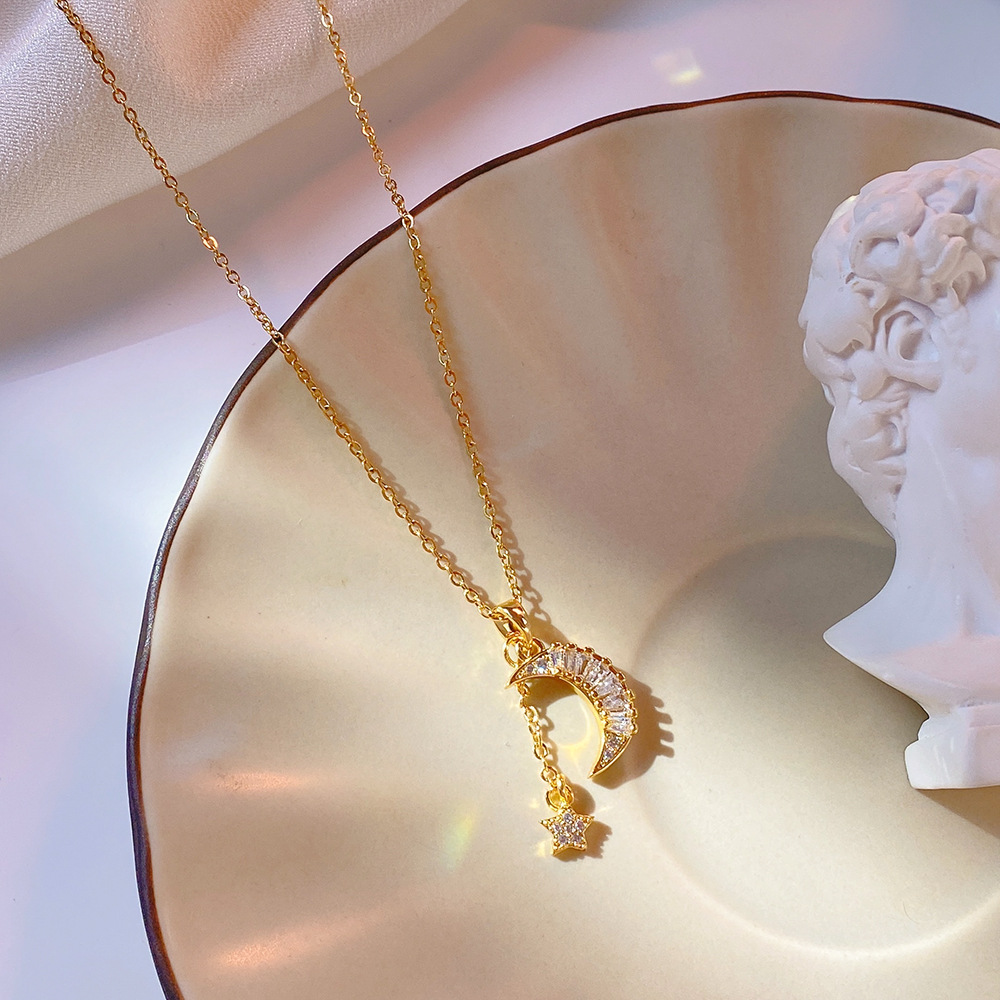 A Korean Instags-style niche design square zircon moon star tassel necklace with a light luxury and high-end look for women details Picture