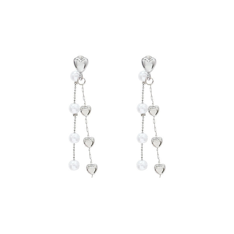 Korean-style back-hanging heart-shaped pearl tassel earrings, high-end women's light luxury earrings, long face-enhancing small earrings wholesale Item Picture