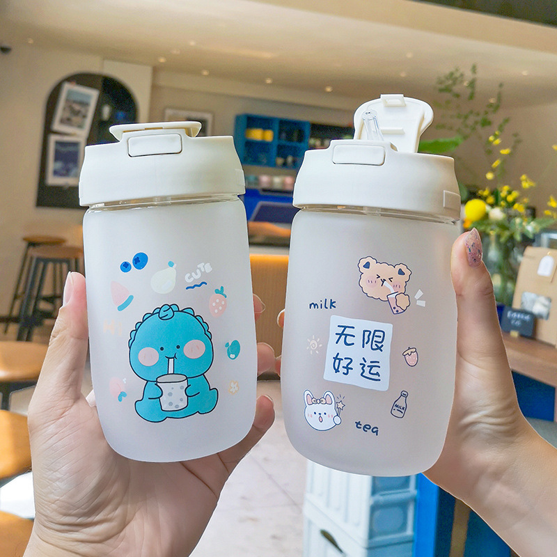 Frosted double-drinking coffee cup, cartoon and cute home and office glass cup, student portable leak-proof double-drinking straw cup details Picture