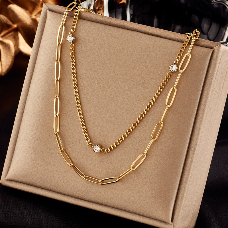 A fashionable, simple and niche double-layer diamond-encrusted chain titanium steel metal hip-hop punk trend versatile necklace full figure