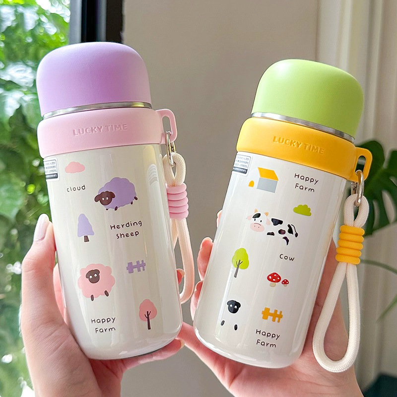 A dual-purpose cartoon insulated cup with a lid, cute for girls, a drawstring water cup, portable for students, and a stainless steel cup with a high level of appearance Specification drawing