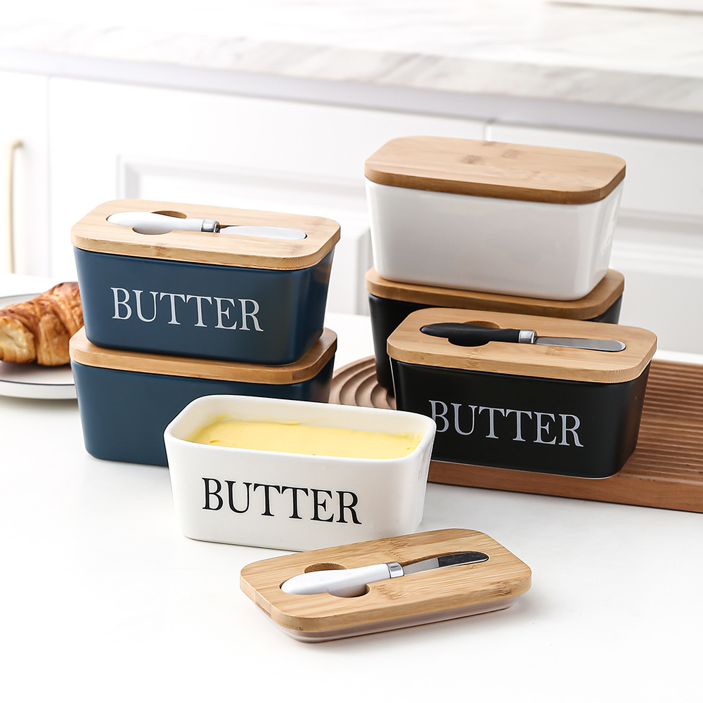 Rectangular ceramic butter box, sealed jar, butter box, bamboo lid with knife, Western-style household cheese box, cross-border Amazon full figure