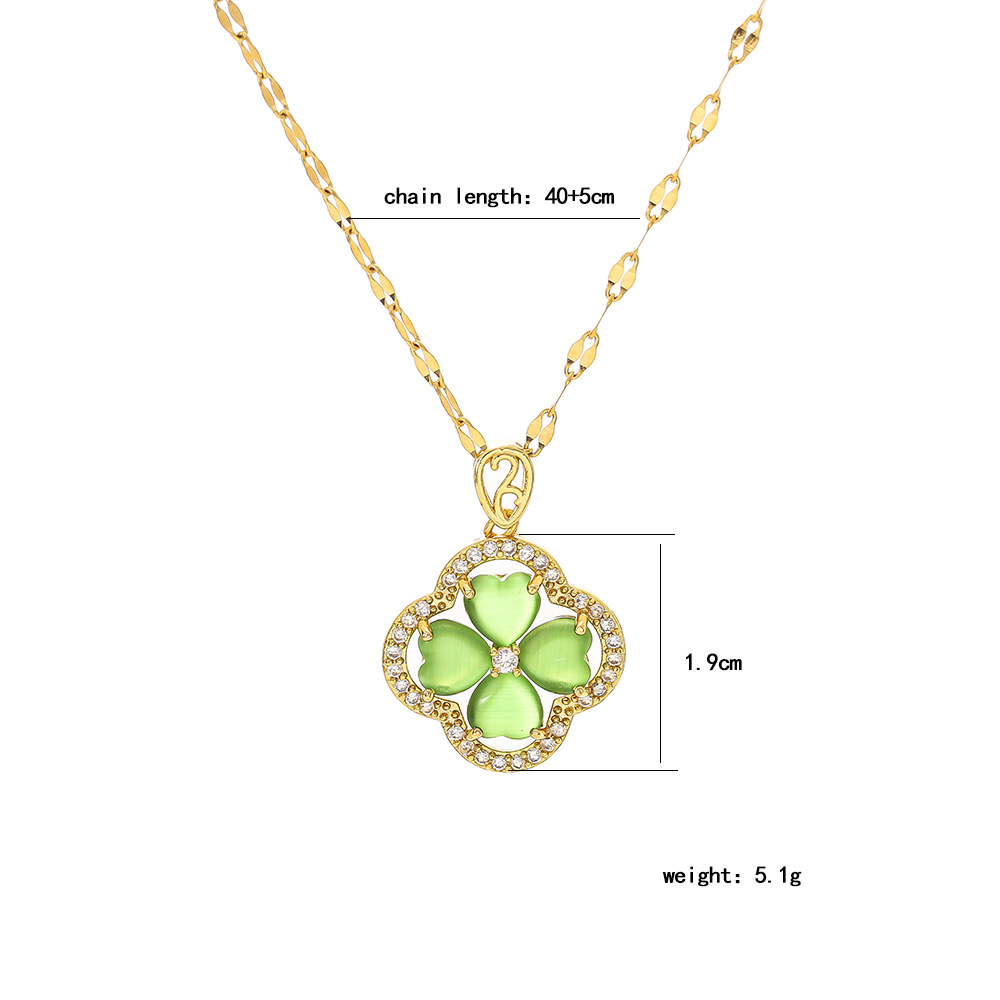 Fashionable and light luxury green cat's eye stone four-leaf clover full diamond titanium steel necklace, women's luxury and versatile collarbone chain, wholesale Item Picture
