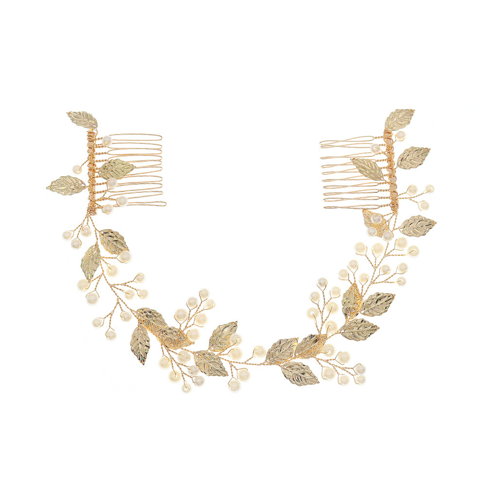 Amazon's new wedding accessories: Handcrafted pearl pair combs, long handcrafted golden leaf interlocking combs, bridal headwear Item Picture