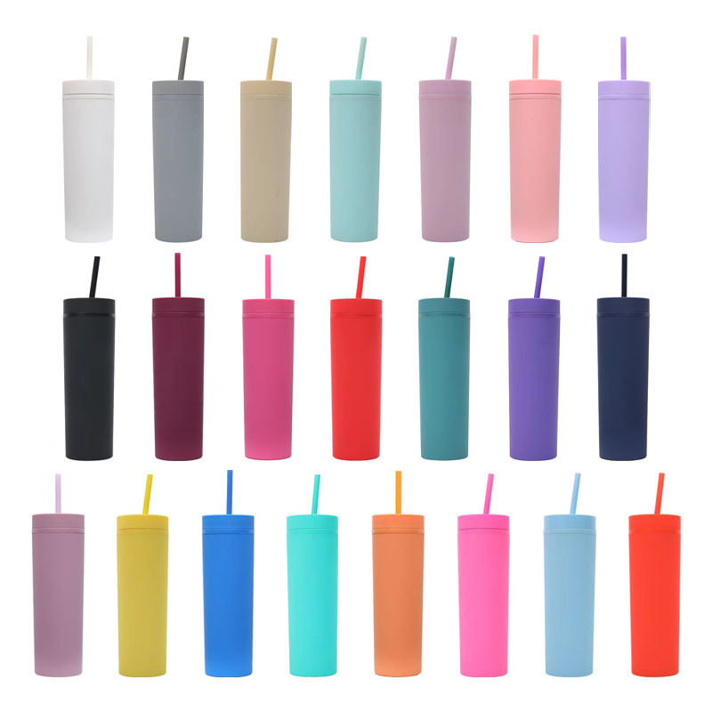 2025 New cross-border factory direct supply frosted double-layer plastic cup, simple and convenient water cup, 16OZ straight straw cup Item Picture