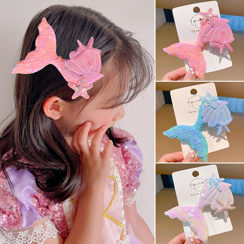 Mermaid Princess Sequined hair clips, hairpins, popular children's hair accessories, starfish shell bangs, side clips, headwear for women full figure