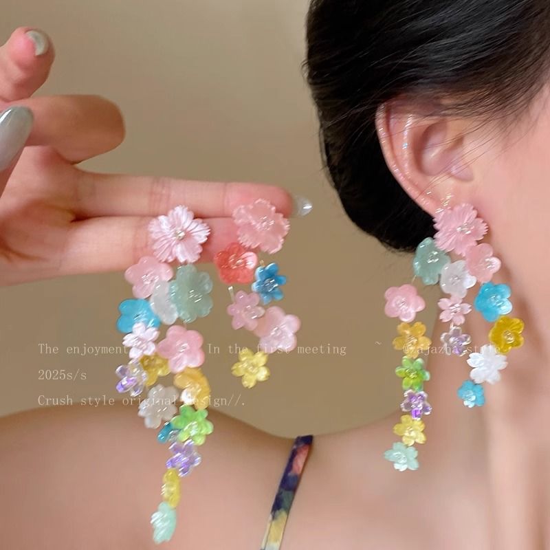 Colorful dopamine flower stud earrings for women 2025 New forest-themed sweet tassel earrings, fresh and vacation-style earrings full figure