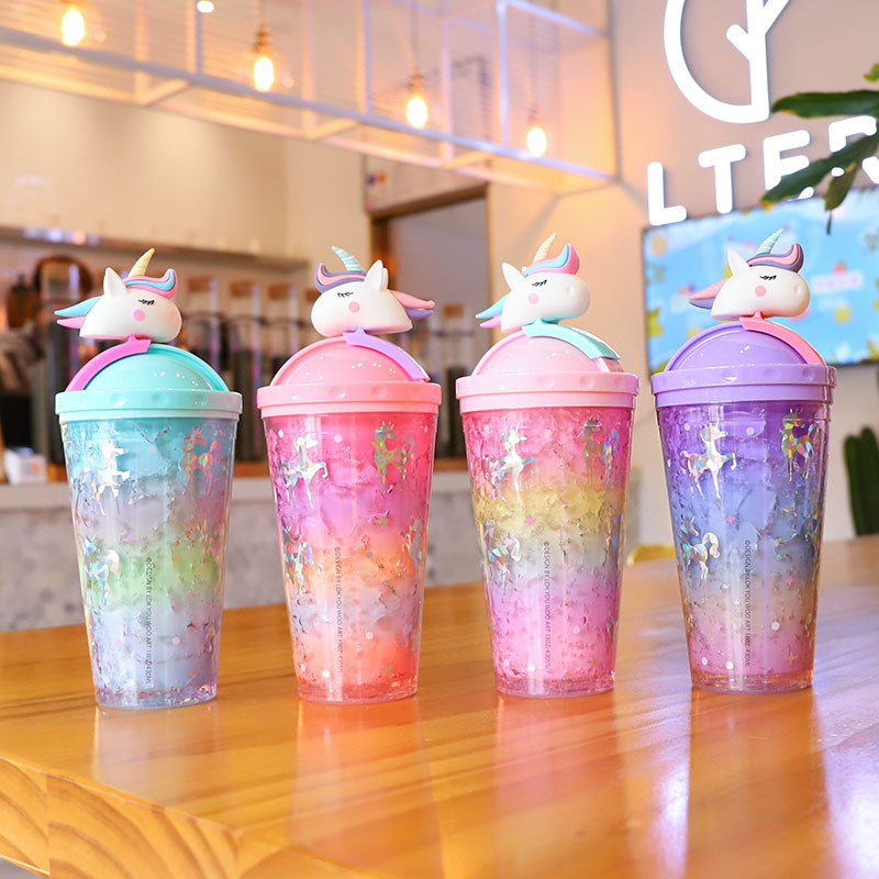 Double-layer refrigerated straw cup, fashionable gradient color cute ice cup, student couple, summer office and home beverage water cup details Picture