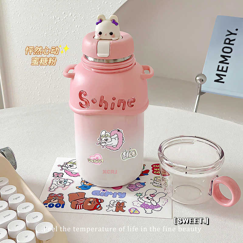 Little Tea Diary, a three-drink insulated cup, children's cartoon water cup, Portable double-drink baby stainless steel straw cup full figure