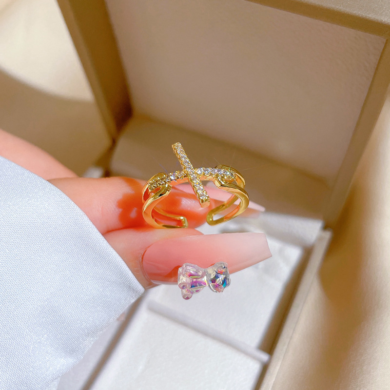 【 Real gold electroplating 】 Open cross women's fashion micro-inlaid light luxury ring index finger ring, the same style as Internet celebrities, cold style details Picture