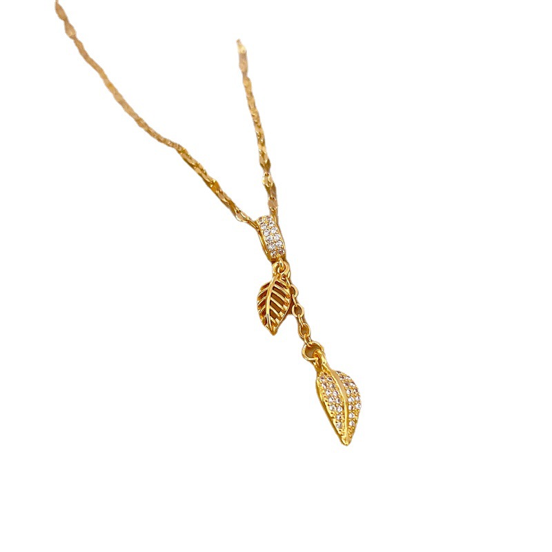 【 Titanium Steel 】 Fringed leaves, light luxury style, zircon collarbone chain, small and trendy on Instagram, retro titanium steel necklace Item Picture