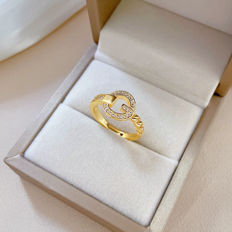【 Real Gold 】 Chain G-shaped full diamond ring with adjustable opening, simple Japanese-style bracelet, couple rings Specification drawing