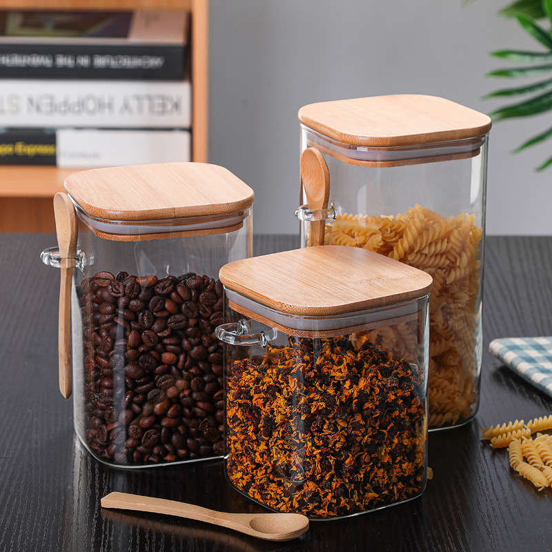 Square transparent glass sealed jar with wooden spoon, seasoning box, food storage jar, coffee bean storage jar, tea jar Application Scenario