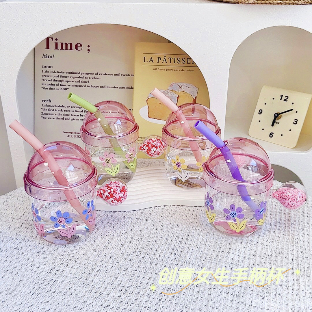 Girls' creative small flower glass cup, high appearance level, office desk straw cup, high-temperature resistant, high appearance level, water cup with handle details Picture