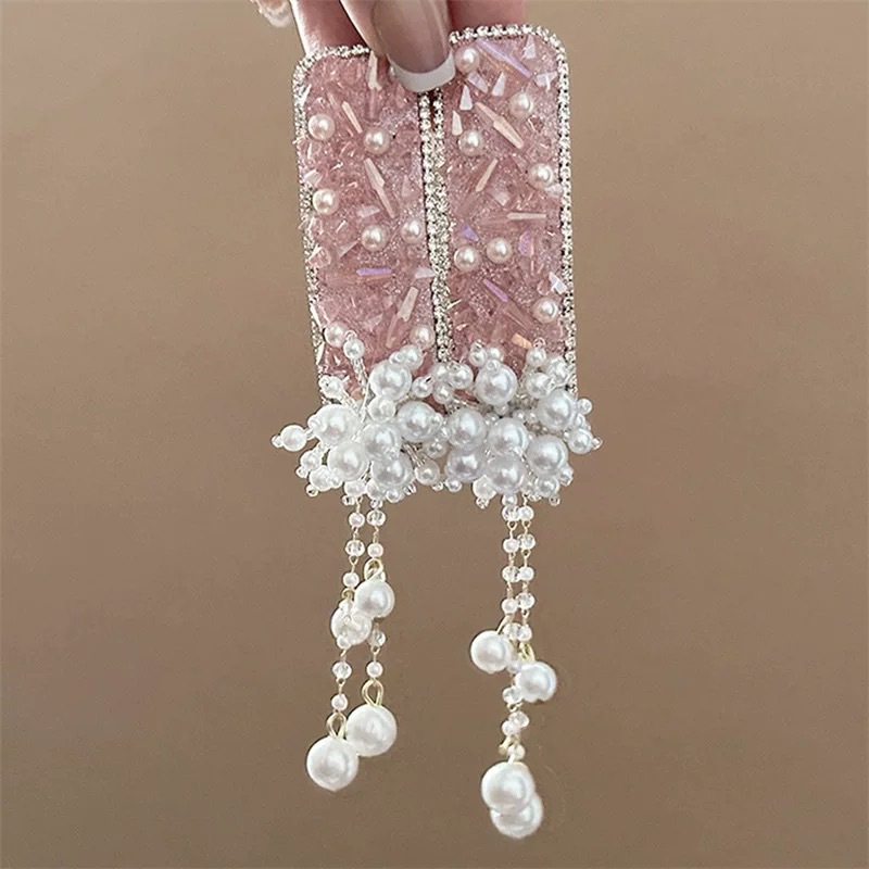 Pink diamond pearl tassel hair clips with a high-end feel, side clips, new Chinese-style headwear, bangs clips, hair clips, Hanfu hair accessories Specification drawing