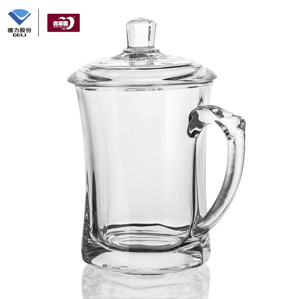 Crystal glass lid cup, handle cup, meeting room tea cup, office cup, household water cup, single gift box, glass cup, printed logo details Picture