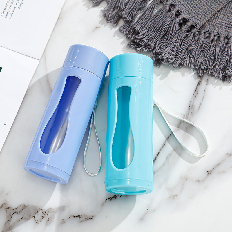 Creative and fashionable sports water cups, printable advertising gift cups, double-layer glass cups, portable drawstring plastic glass cups full figure