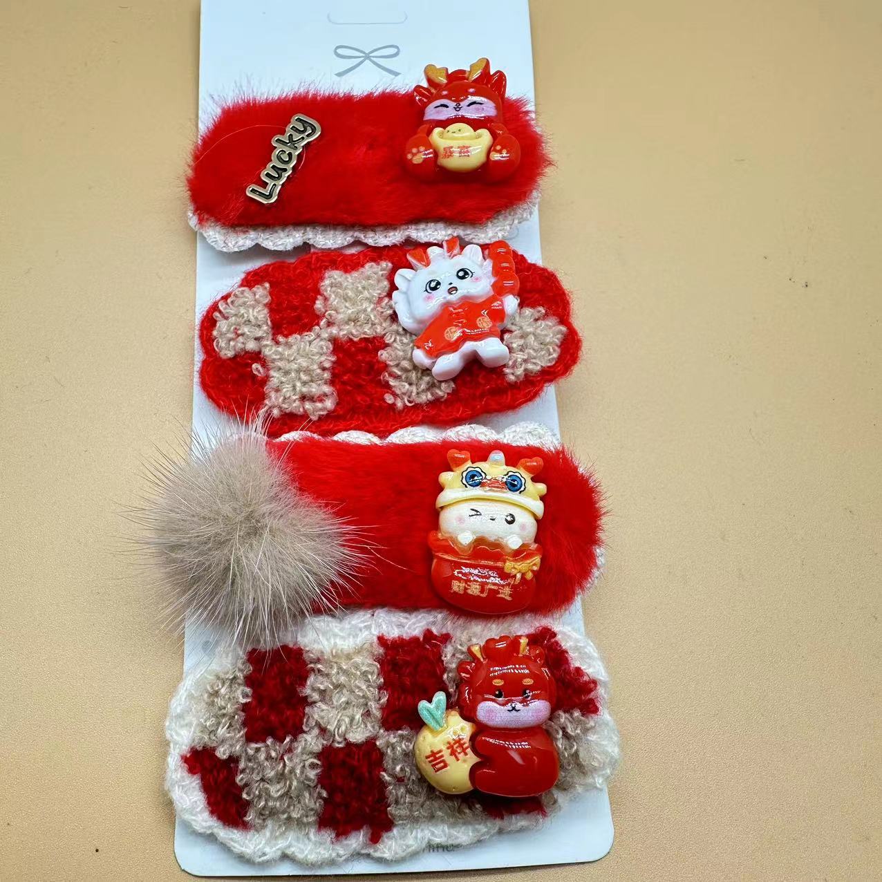 New Year children's hairpin for girls, red side bangs hairpin headwear for girls, Dragon Year baby BB hairpin Specification drawing