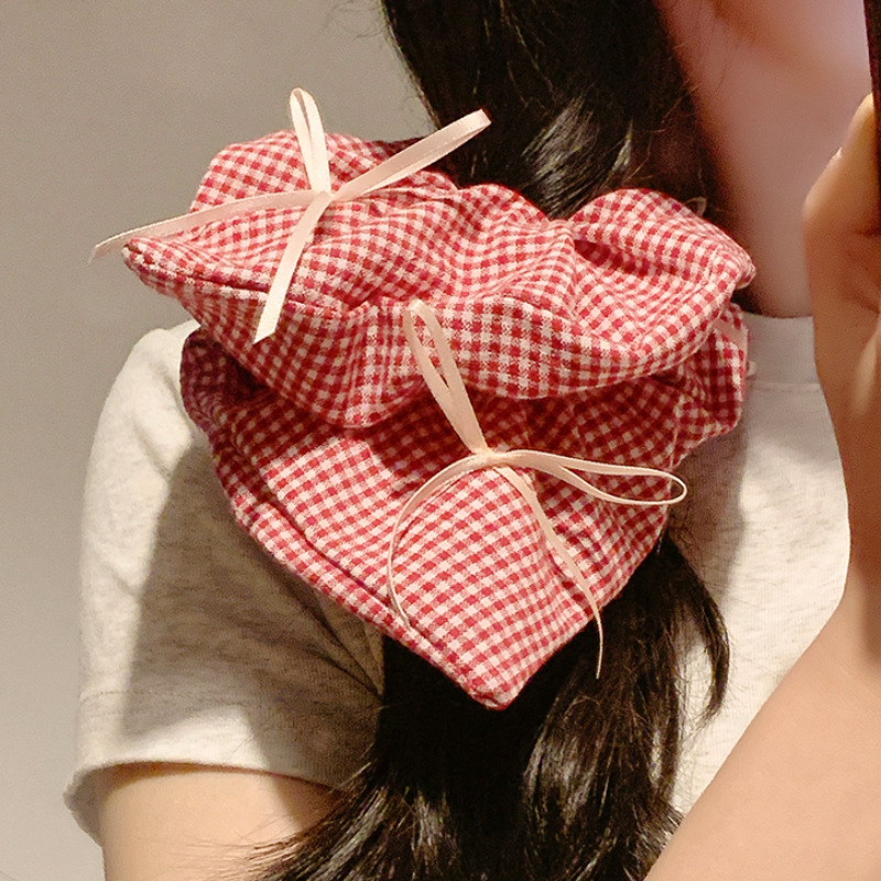 Korean-style pink checkered bow, ribbon, square scarf, large intestine hair band, women's versatile hair rope, hair accessory, headwear for spring and summer Application Scenario