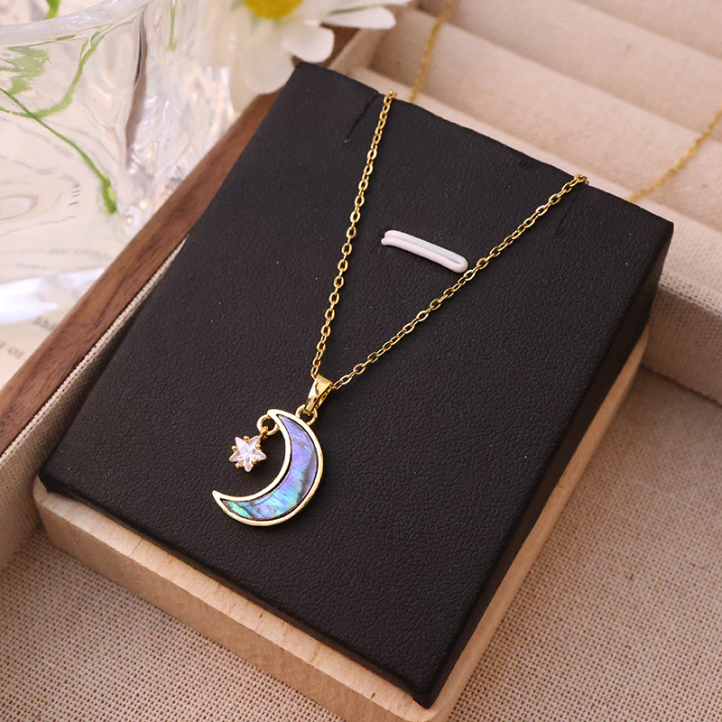 Abalone shell surface star moon pendant titanium steel necklace, a unique and elegant luxury collarbone chain for women, a versatile accessory for Internet celebrities details Picture