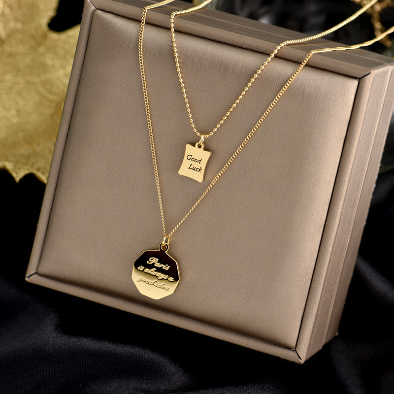 Korean version golden luxury double-layer sweater chain titanium steel necklace, female Goodluck lucky card hip-hop Internet celebrity collarbone chain full figure