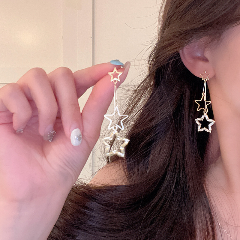 Korean bestseller Super Flash Zircon long tassel five-pointed star earrings for women, simple, fashionable and elegant star stud earrings Specification drawing