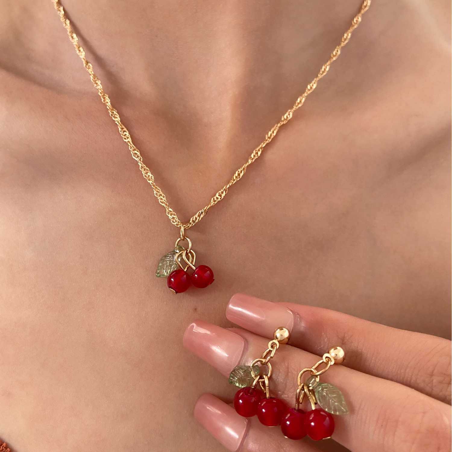 Red cherry collarbone chain earrings jewelry set, women's green leaf pink and green cherry pendant necklace earrings accessories details Picture