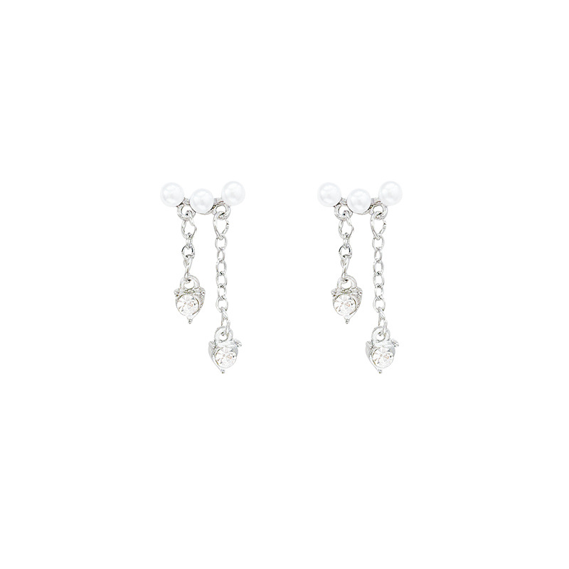 Spring and summer zirconium heart-shaped pearl tassel earrings, women's light luxury style, niche design sense earrings, high-end and elegant stud earrings Item Picture