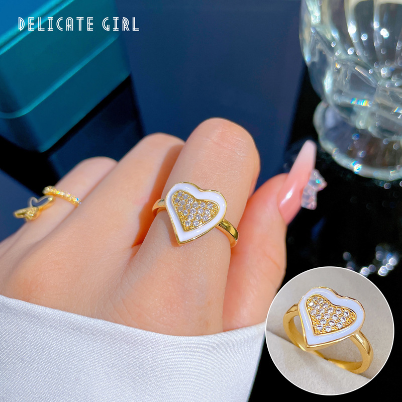 【 Real Gold 】 Oil-dripping heart Full diamond ring with adjustable opening, simple Japanese-style bracelet, couple rings full figure