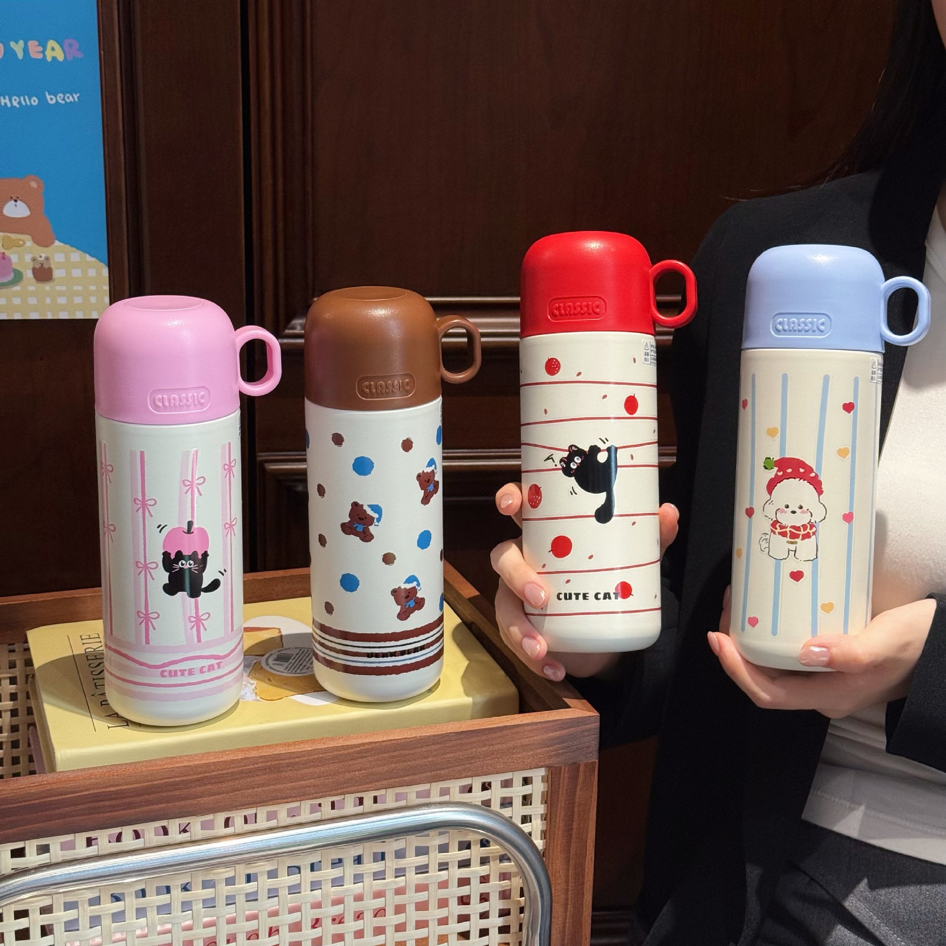 Cartoon three-drink insulated cup, portable and cute student straw cup for girls, stainless steel school travel cup gift details Picture