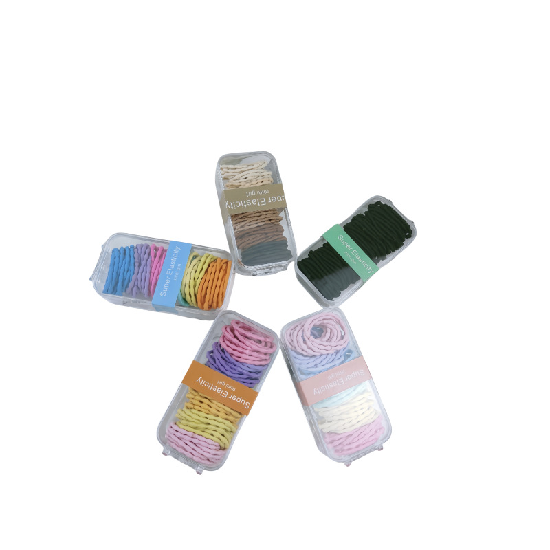 60 colorful, simple and basic bean-style smooth hair bands, high-elasticity, versatile and durable children's ponytail hair ties in a box Item Picture