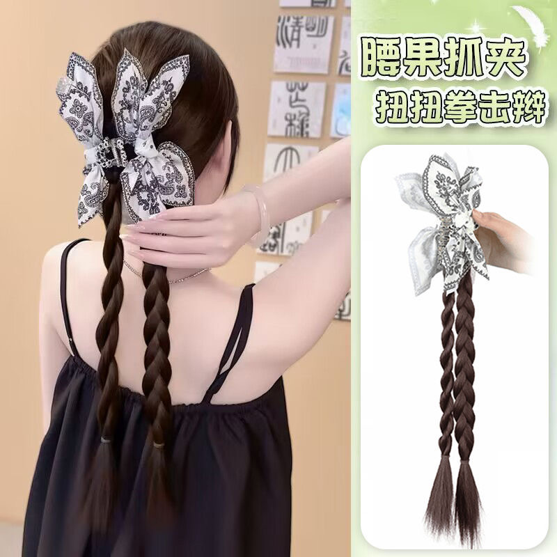 Cashew flower scratch-clip boxing braid, false braid, high ponytail, realistic high-end style, double-sided artistic painting dyed hair accessory full figure