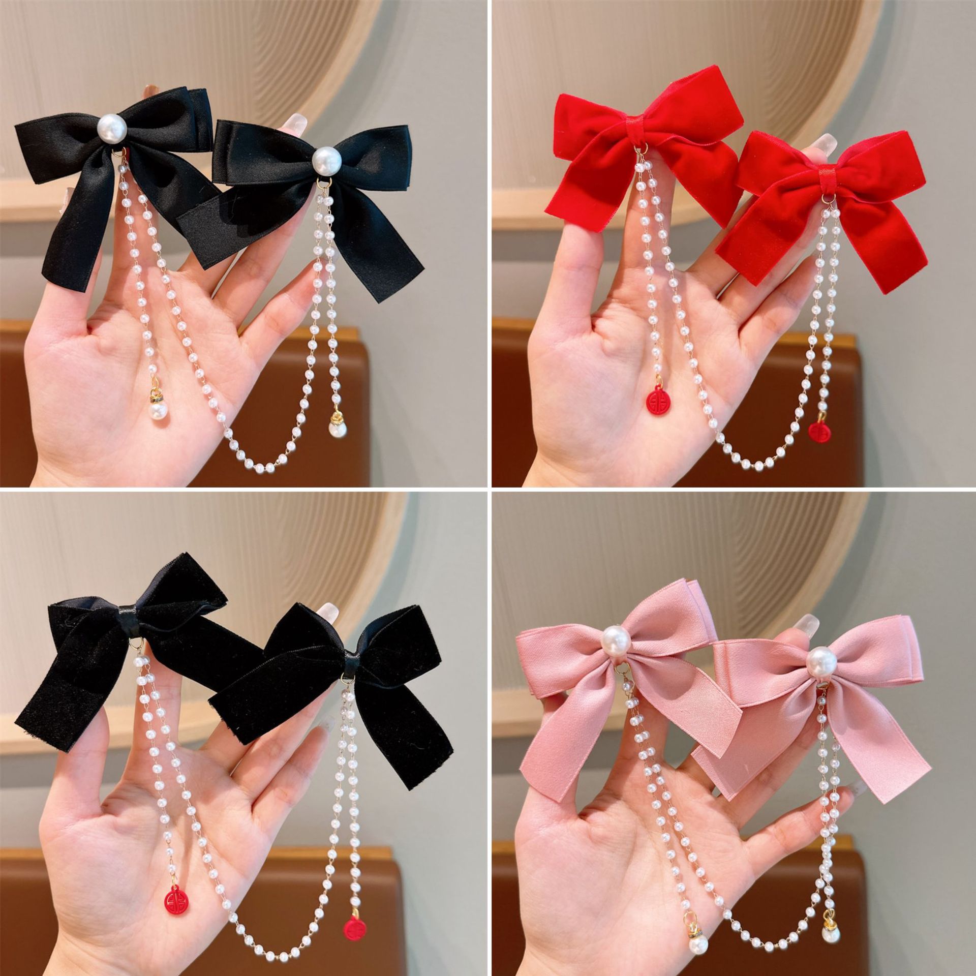 Children's New Year Red and festive pearl chain bow hair clip, baby princess headwear hair clip, girl tassel pair clip full figure