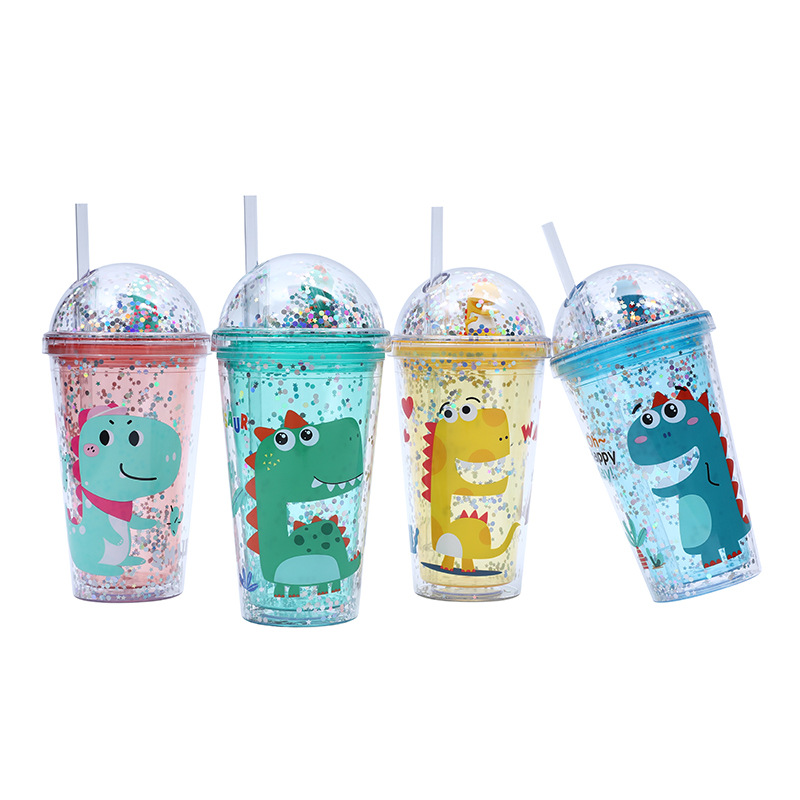 Cross-border factory direct supply double-layer plastic cups, cartoon dinosaur pattern children's water cups with sequins and transparent straw cups Item Picture