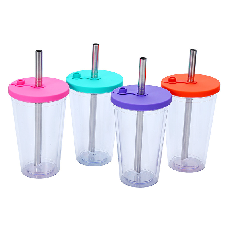 The manufacturer's new cross-border Amazon portable double-layer plastic cup 16oz universal bubble milk tea lid straw cup details Picture