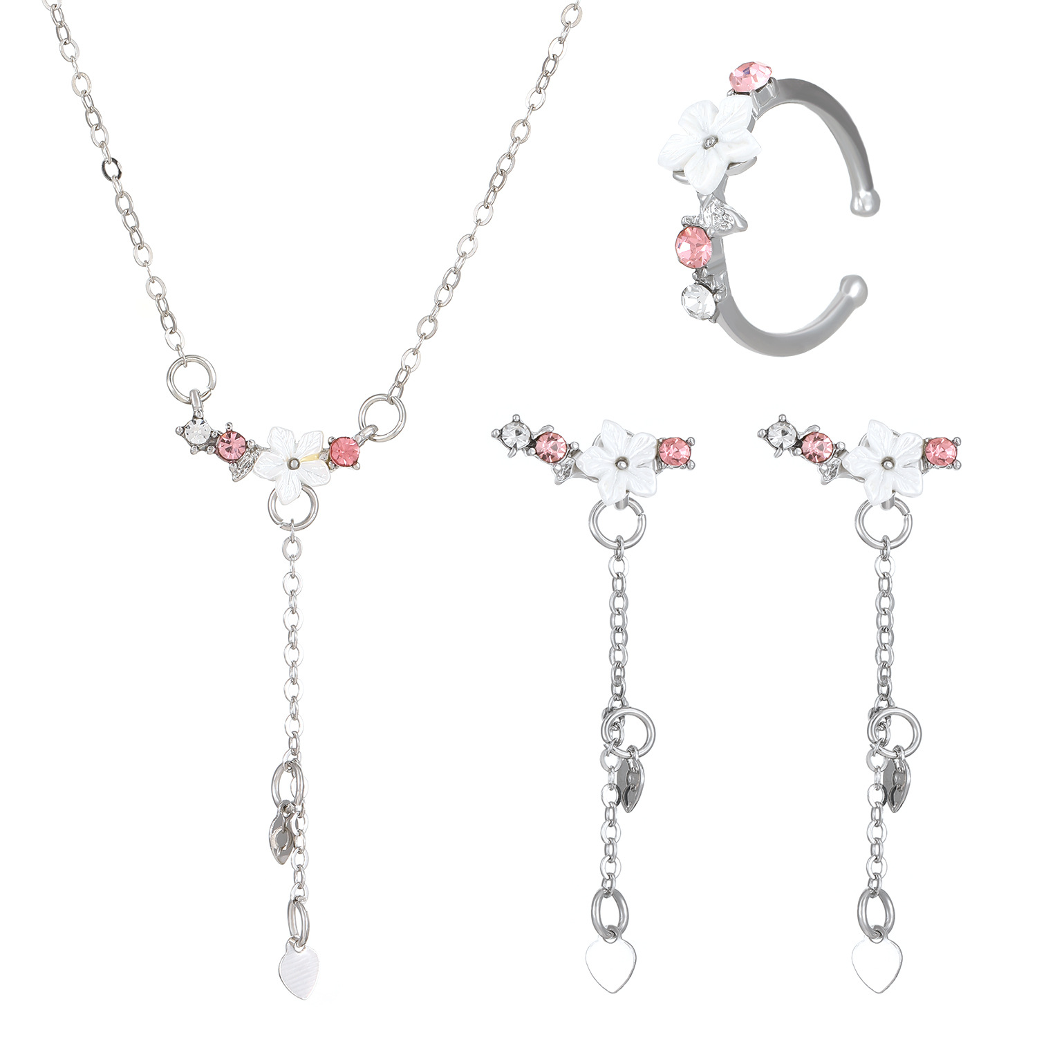 Cross-border cherry blossom necklace, women's stud ring, new light luxury, niche and high-end collarbone chain Spring and Summer jewelry set Item Picture