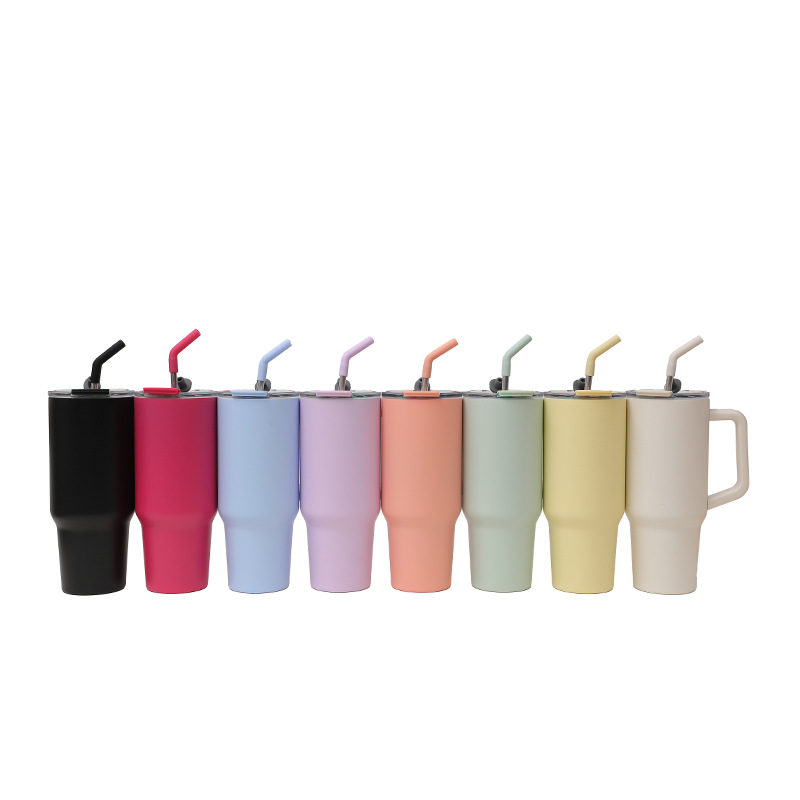 Cross-border Amazon stainless steel handle car cup, double-drinking large-capacity straw cup, home solid-color light luxury insulated cup Item Picture