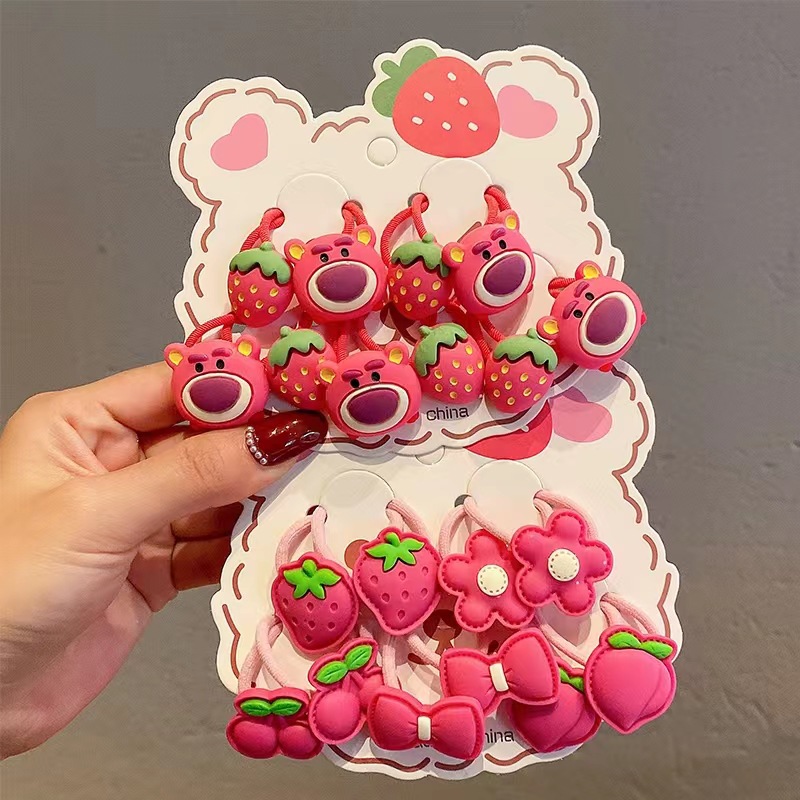 Cute cartoon rose-red bear hair tie for children and little girls, baby strawberry bear ponytail hair band full figure