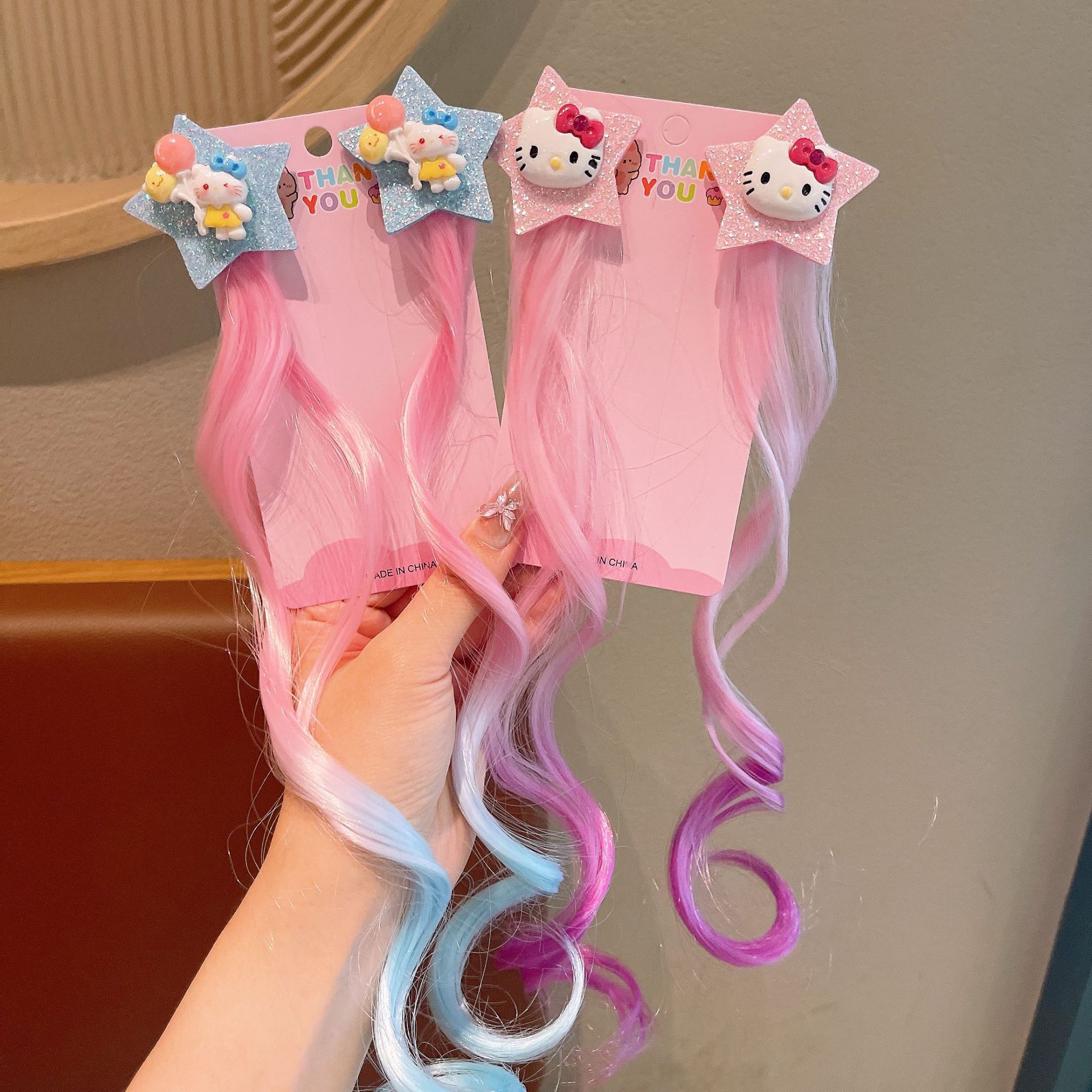New children's hellokitty wig braids, cute cartoon five-pointed star highlighted hair clips, girls' performance hair accessories details Picture