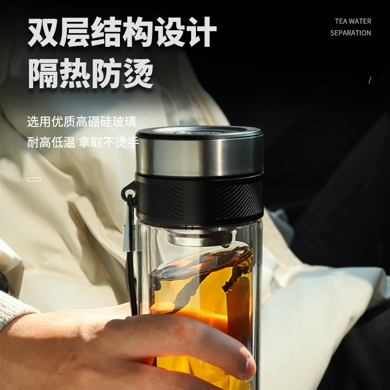 One-click lid opening glass cup, portable handle car quick-opening cup, double-layer glass men's business gift tea cup Specification drawing