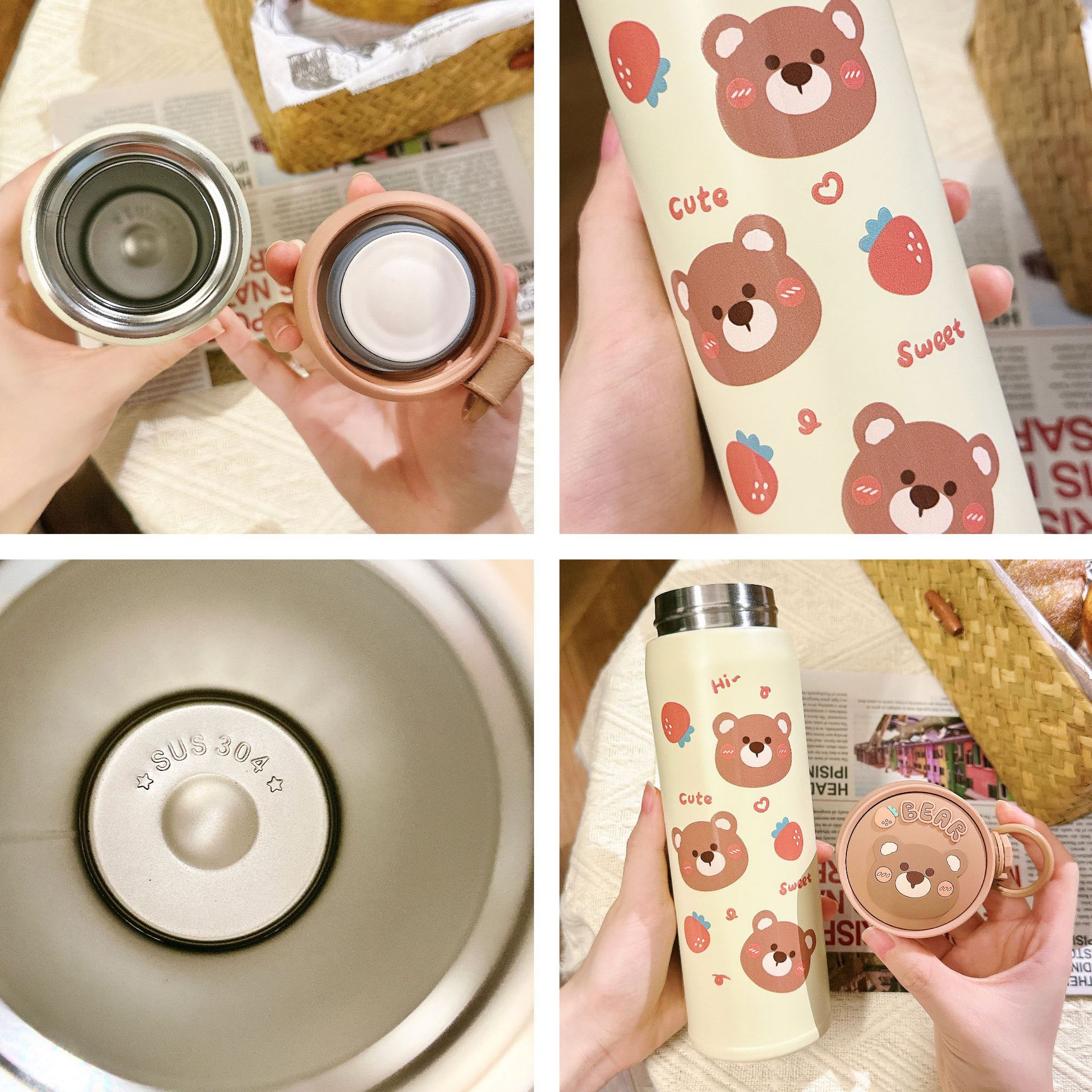 Little Bear insulated cup, cute student cartoon hand-held insulated cup, portable direct drinking, cute stainless steel water cup gift Specification drawing