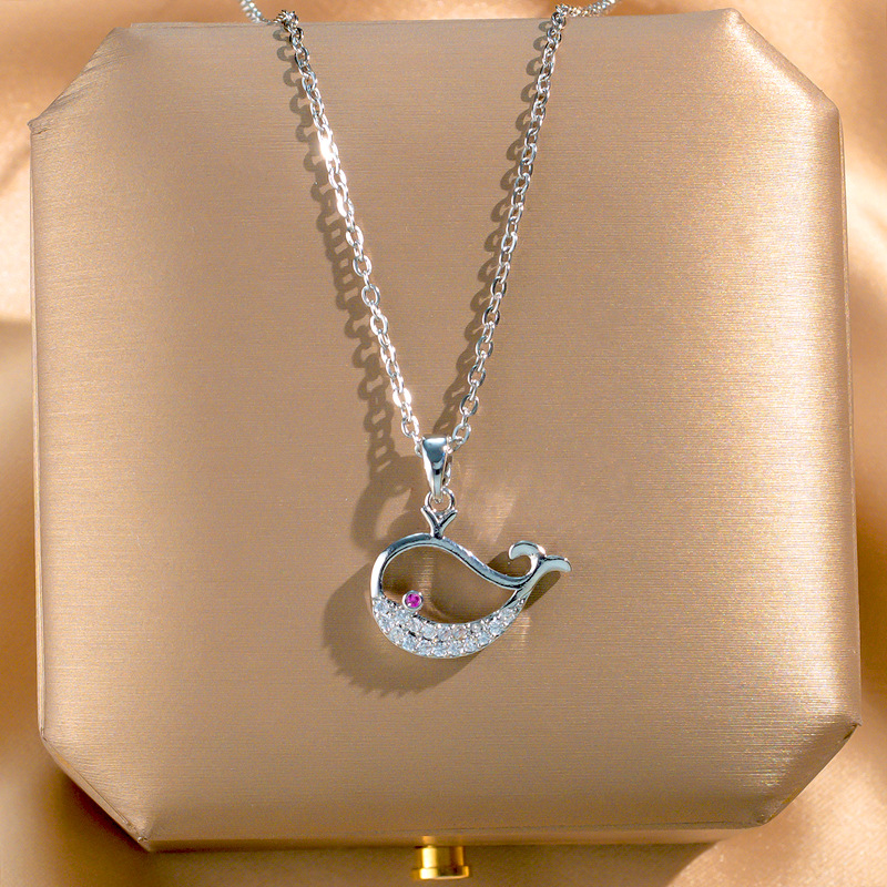 Silver small whale pendant titanium steel necklace, women's fashion pearl exquisite zircon collarbone chain, Korean version light luxury style full figure
