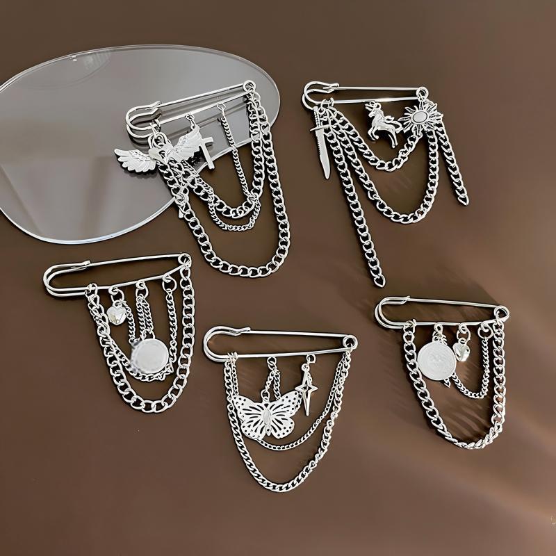 Korean version new cold style metal brooch and pin, chain multi-layer tassel three-dimensional smiling face butterfly sun accessory for women full figure