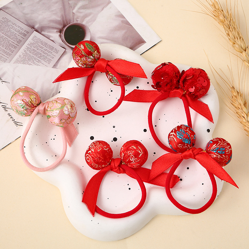 Wholesale red New Year satin lace matching children and girls' hair bands, Chinese-style hair ties, and festive bun hair ties details Picture