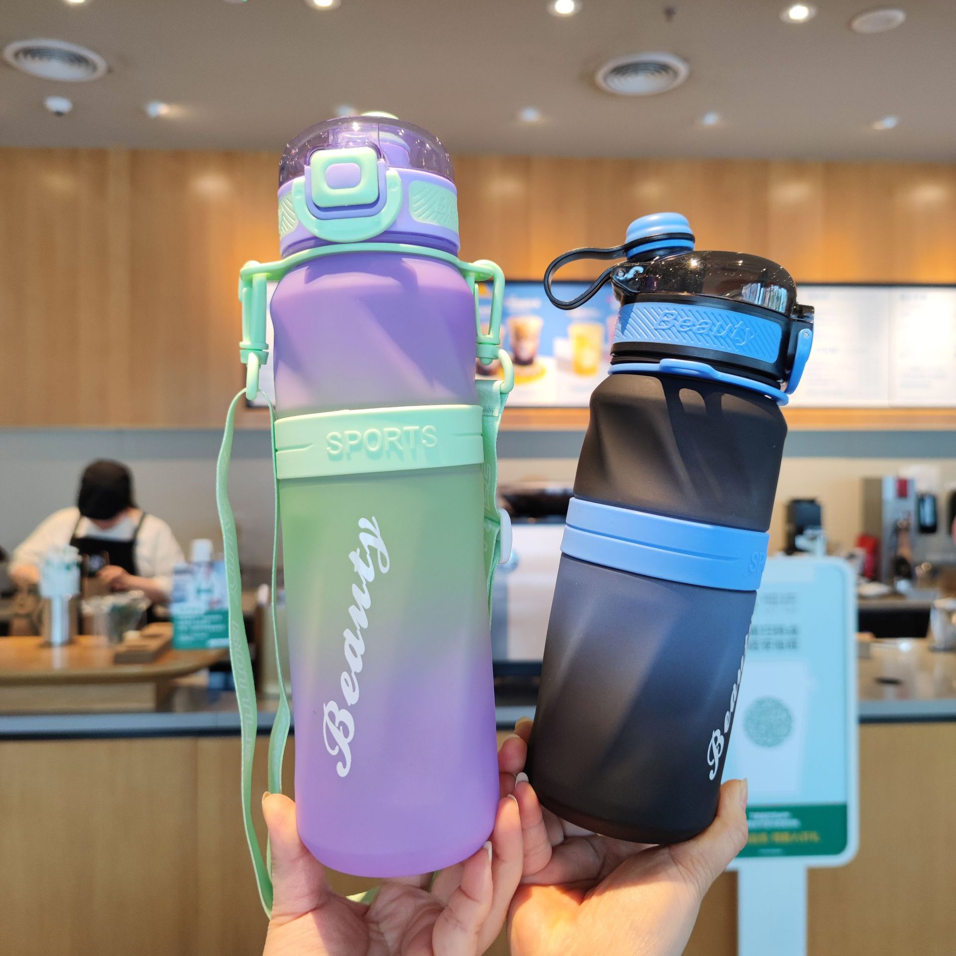 New high-appearance-level double-drinking straw cup, plastic straw water cup, portable backpack water bottle, student gradient color water bottle full figure