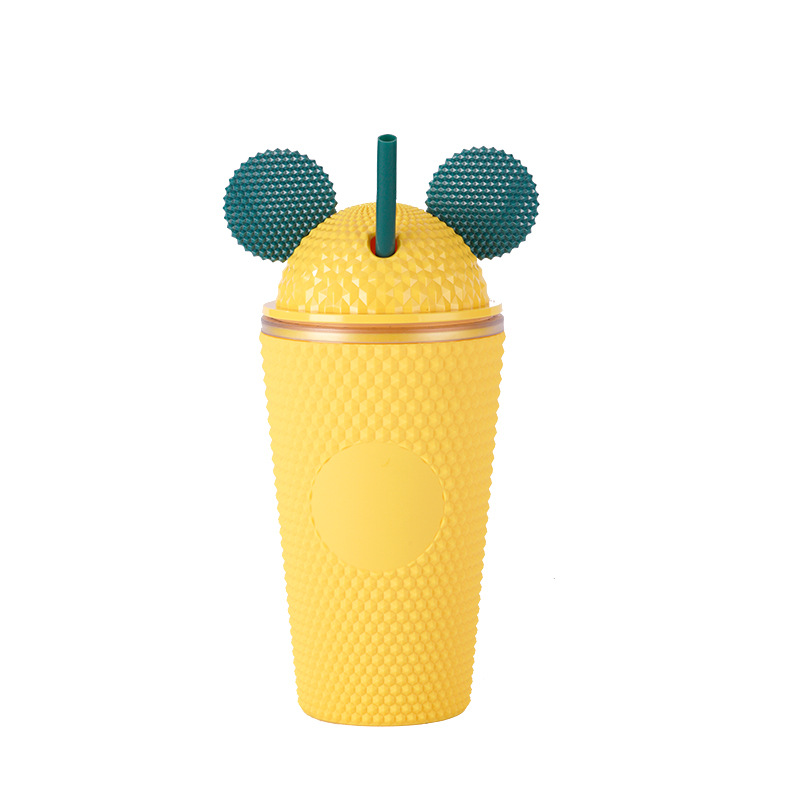 New manufacturer direct supply Amazon double-layer plastic straw cup, children's creative prickly cup, portable cat ear cap, durian details Picture