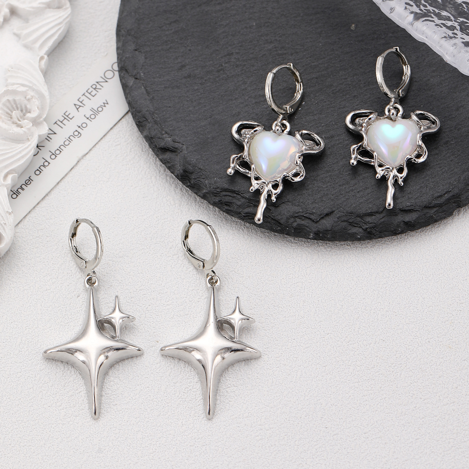 European and American cross-border heart-shaped star four-pointed star earrings, high-end, simple and light luxury autumn and winter earrings for women wholesale details Picture